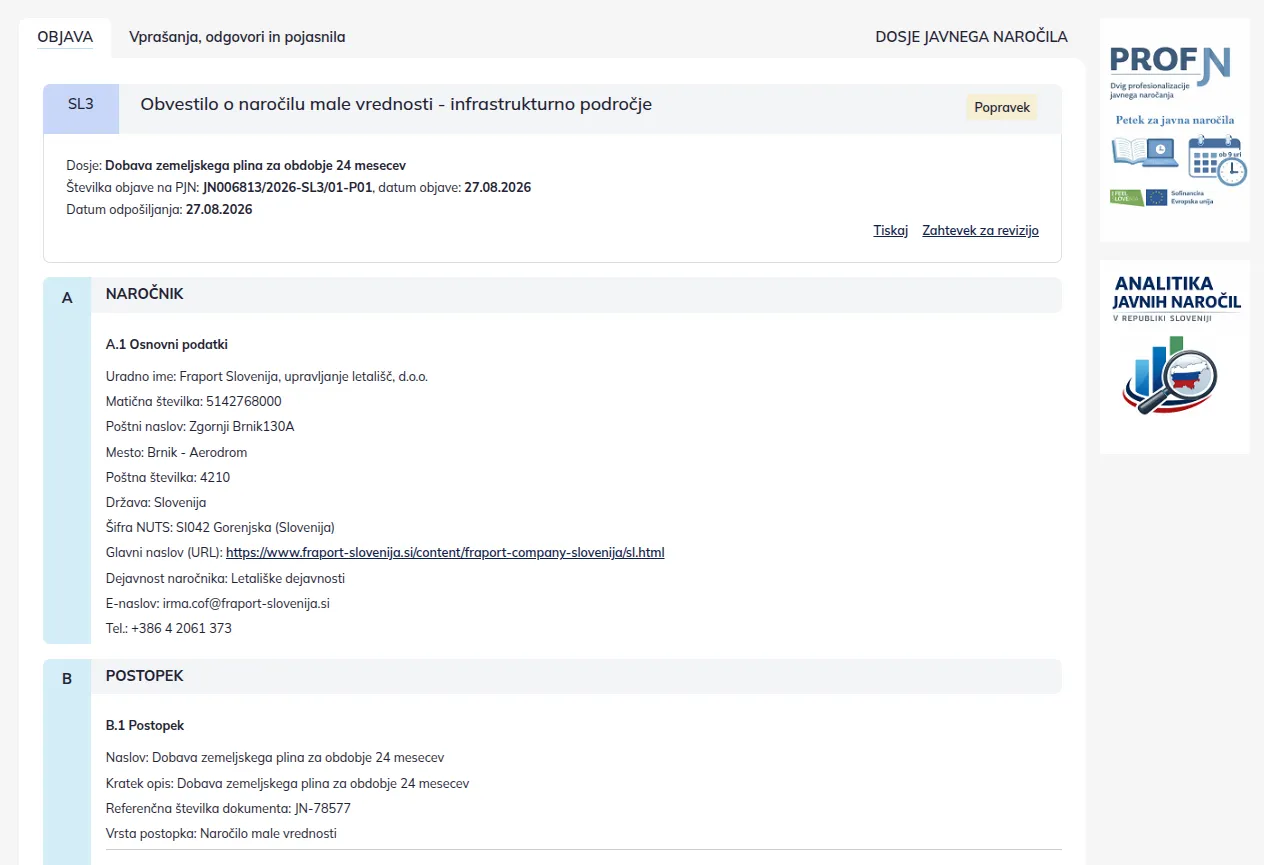 An enarocanje.si notice showing the buyer, CPV code, value, and deadline
