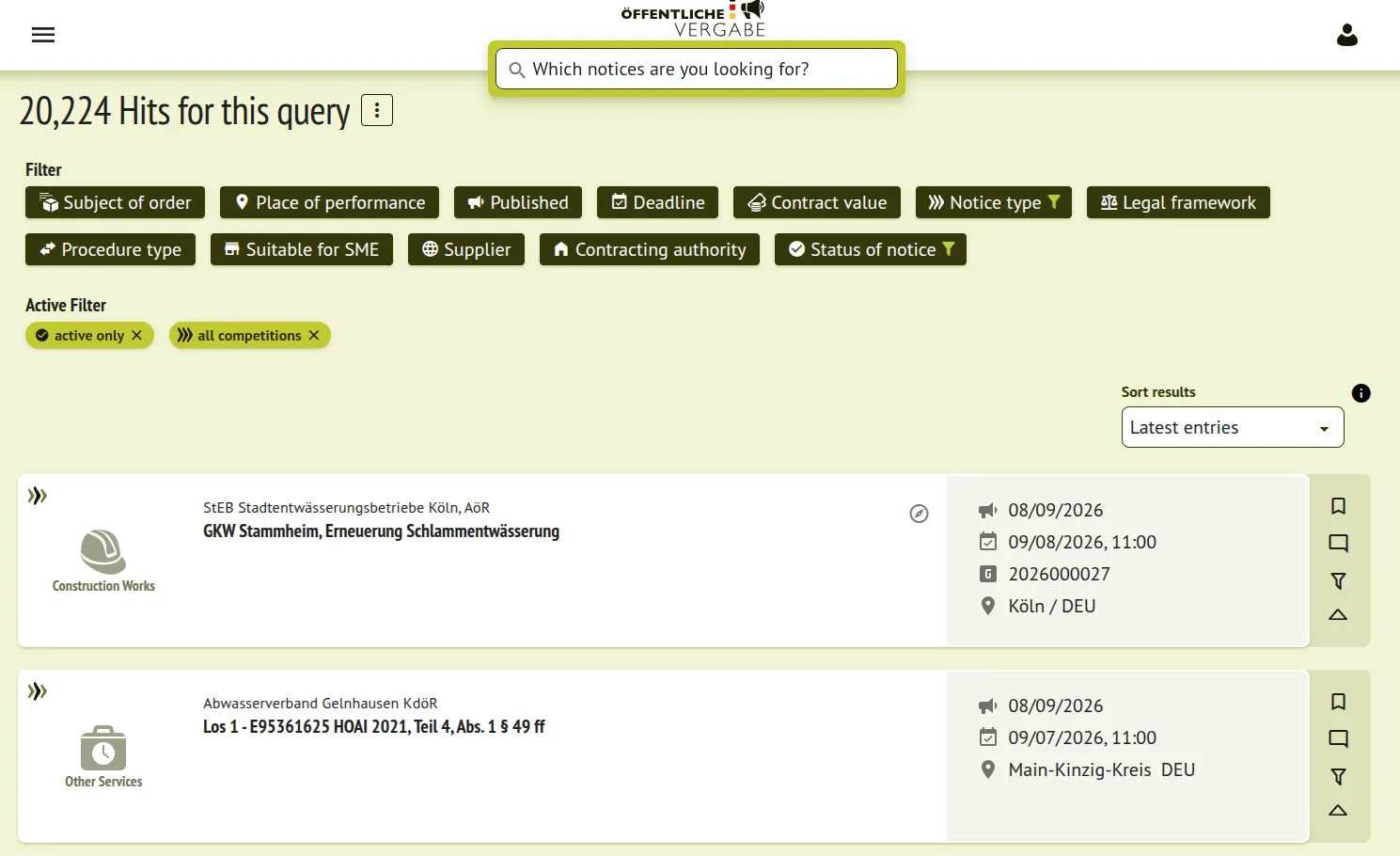 oeffentlichevergabe.de search results with filter bar
